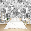 Grey Peony Floral Wallpaper Bedroom Black and White Botanical Flowers Leaf murals Aesthetic Room Decor Living Room tv Background Large Wall Mural - 183"x120" Not Peel and Stick