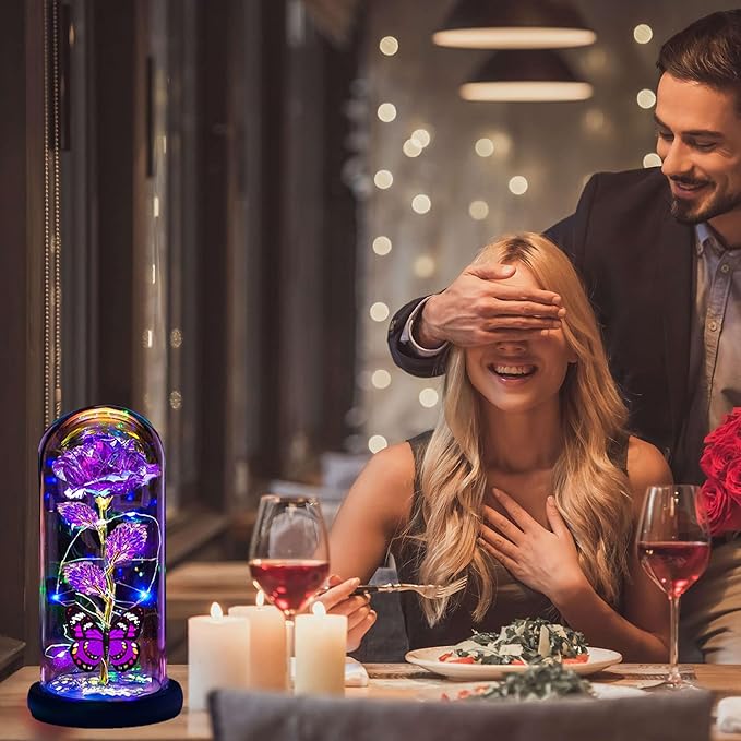 Christmas Rose for Women Mom Wife Her,Womens Gifts for Christmas,Light Up Rose Flower Gifts for Women,Glass Butterfly Gifts for Sister, Birthday Gifts for Mom Purple