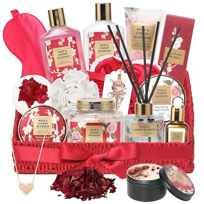 25Pcs Christmas Gifts for Women - Luxury Bath and Body Spa Gift Basket for Women with Necklace | Relaxing Care Kit Valentine's Mothers Day Gifts for Mom Gift Baskets for Anniversary or Bridal Shower