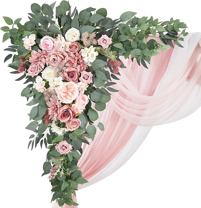 Wedding Arch Flowers Kit (Pack of 5) 2pcs Large Floral Swag Arrangement and 3pcs Fabric Drap for Ceremony Reception and Backdrop Decoration (Dusty Rose and Blush)
