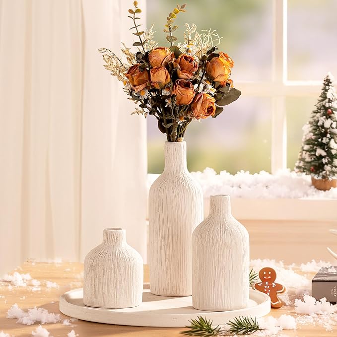 Ceramic Vase Home Table Decor - White Flower Vase Set of 3 Living Room Kitchen Decorations Farmhouse Modern Rustic Vases Decorative Centerpiece for Shelf Bedroom Office Bathroom Dining Coffee Desk