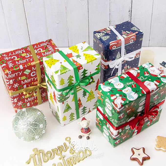 Ribbli Christmas Wrapping Paper 30 Inch Gift Wrapping Paper 4 Rolls Merry Christmas Santa Claus Snowman Tree Printed Assortment -30 Inch x 10 Feet Per roll