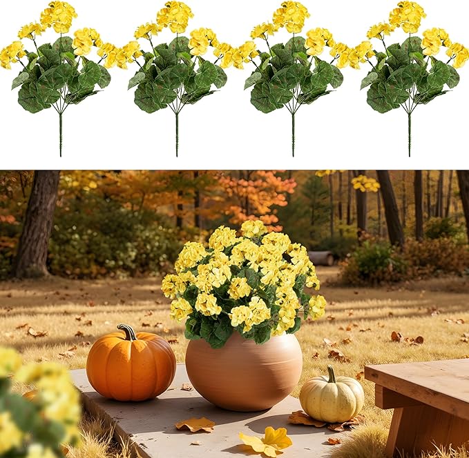 4PCS Home Decor Fake Plants Artificial Flowers Artificial Geraniums Outdoor Fake Flowers Artificial Flowers Fake Silk Bouquet, Fall Decor for Interior Porch Garden Decoration (Yellow) 14.4"