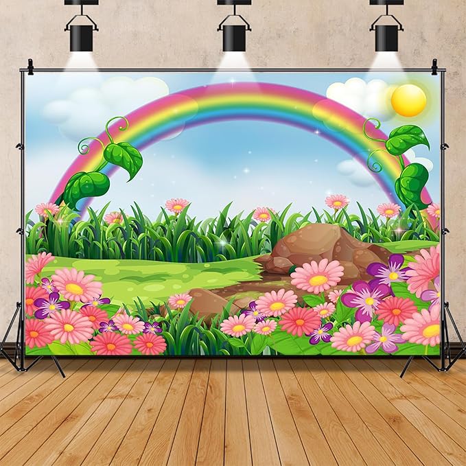 AOFOTO 10x7ft Cartoon Spring Flowers Rainbow Backdrop Meadow Sweet Floral Blossom Sky Sun Enchanting Garden Scenery Background for Kids Baby Shower Birthday Party Decor Wallpaper Photoshoot Props