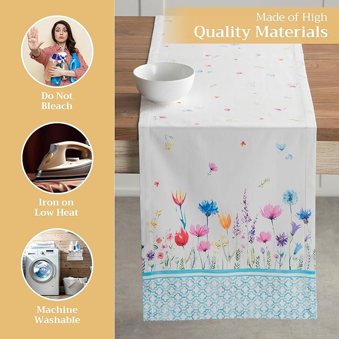 Maison d' Hermine Table Runner 100% Cotton Double Layer Table Runners 108 inches Long Decorative for Home Kitchen Dining Party Wedding Bridal Shower Spring Summer (Flower in The Field, 14.50" x 108")