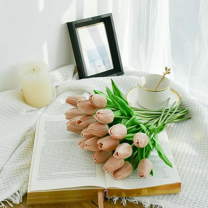 Mandy's Artificial Tulips 20 Stems Light Brown PU Faux Flowers for Thanksgiving and Christmas Decorations Wedding Home Decor 13.5 Inch