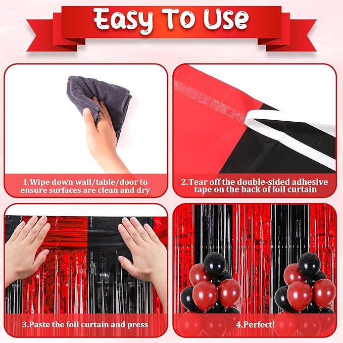 4 Pack 3.3x8.2 Feet Red and Black Foil Fringe Backdrop Curtains, Tinsel Streamers Birthday Party Decorations, Fringe Backdrop for Graduation, Baby Shower, Gender Reveal, Disco Party