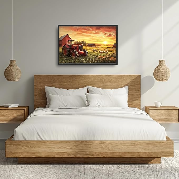 Farmhouse Sunset Large Wall Art Framed Wall Decor for Living Room Rustic Barn Tractor Pictures Oversized Canvas Print Painting Modern Extra Large Framed Artwork for Bedroom Office 36"x24"