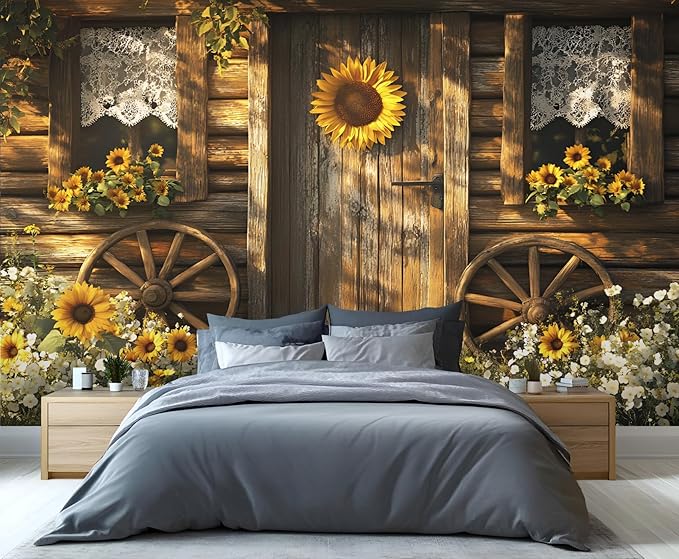 Rustic Cabin Sunflower Wall Mural, Vintage Cottage Door Sunflower 3D Wall Murals, Farmhouse Nature Wallpaper Mural, for Living Room Bedroom Large Wallpaper Indoor Decor 157.5" W x110.3 H