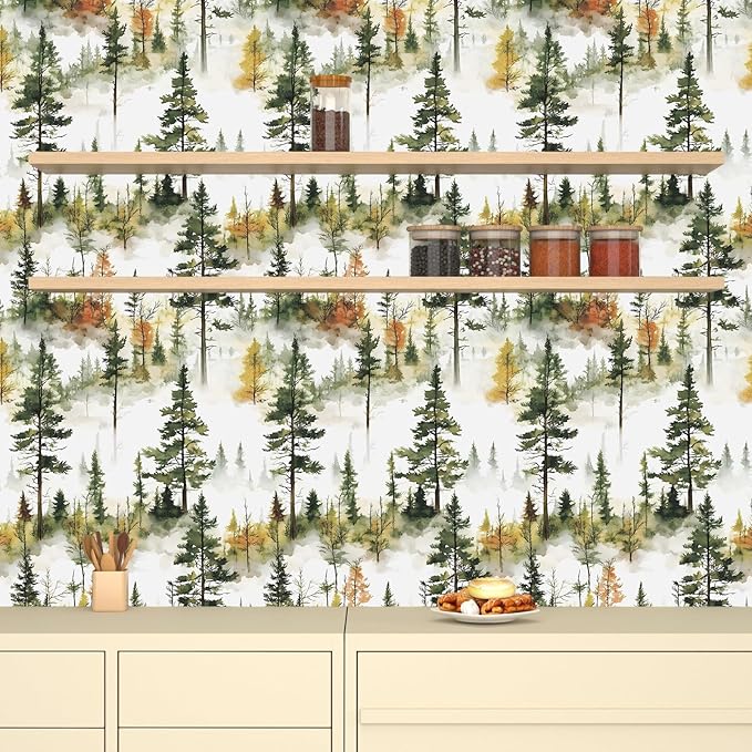 Autumn Forest Wallpaper Peel and Stick, Green/Yellow Pine Trees Contact Paper,Woodland Landscape Wall Mural Self Adhesive Waterproof Removable for Bathroom Shelves Cabinet Drawer Table 17.5" x 118"