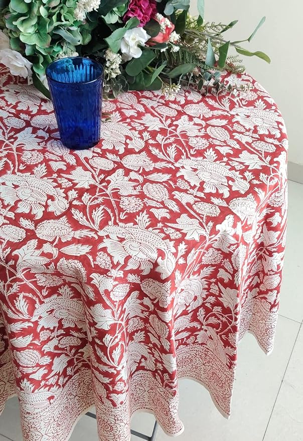 ATOSII Meraki Red 100% Cotton Round Tablecloth, Handblock Print Floral Table Cloth for Kitchen Dining Linen I Parties, Weddings, Outdoors I 72" Inches Round