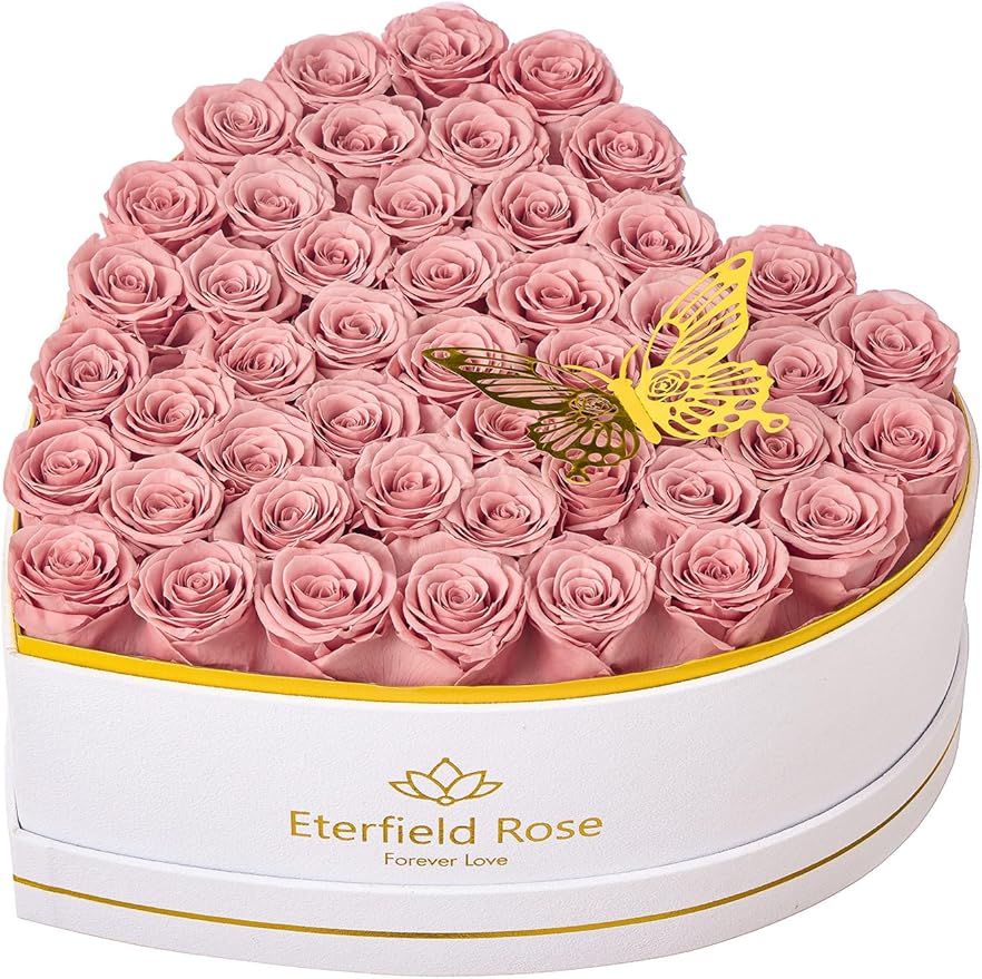 Eterfield 47 Forever Flowers in Heart Shape Box, Preserved Roses That Last a Year Preserved Flowers Birthday Gifts for Her Mom Women Wife Anniversary Valentines Day Mothers Day Christmas, Dusty Pink