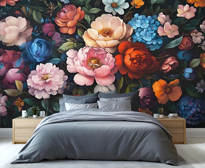 KIREUPA Vintage Peony Floral Wall Mural, Oil Painting Dutch Flower 3d Wall Murals, Romantic Dark Botanical Wallpaper Mural, for Living Room Bedroom Large Wallpaper Indoor Decor 177.16" W x120 H