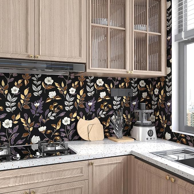 Dark Floral Wallpaper Peel and Stick Vintage Gold Leaf Contact Paper Black Floral Wallpaper Waterproof Self-Adhesive Wall Covering for Bedroom Countertop Desk Cabinets 17.4" x 393"