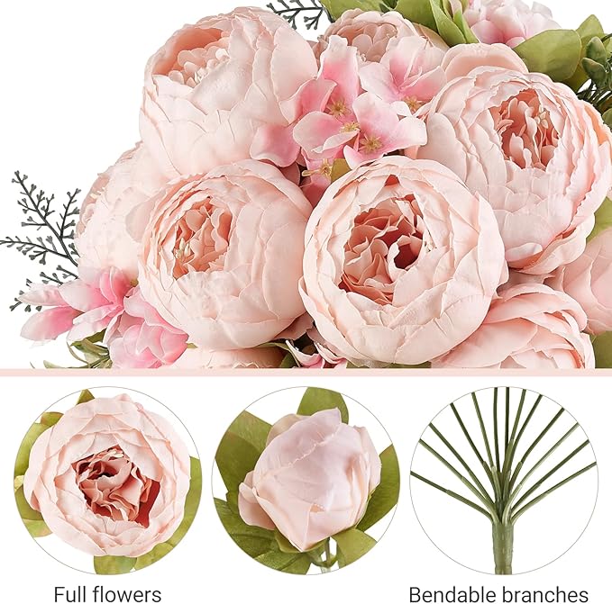 Mkono Peonies Artificial Flowers, 2 Packs 13 Stems Faux Peony Flowers Real Touch Fake Silk Bouquet for Arrangements Dining Table Centerpieces for Kitchen Bridal Wedding Party (2, Spring Light Pink)