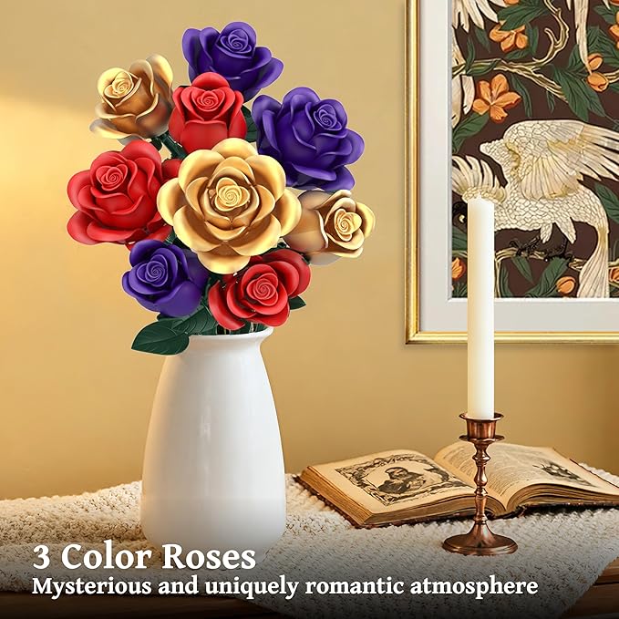 Rose Bouquet Flowers Building Set, 501Pcs Red Purple Golden Roses Artificial Flowers Botanical Collection Compatible with Lego Flowers Home Office Table Decor Valentines Day Xmax Gifts for Mom Women