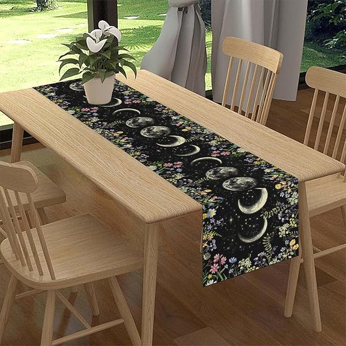 Wild Floral Table Runner, Boho Spring Gothic Moon Phase Wildflower Mystical Witchy Farmhouse Coffee Table Center Decor for Home Kitchen Dining Patio Holiday Party Table Decorations 13x36 inches