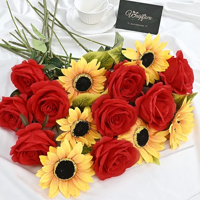 Waipfaru 16 Pcs Fake Roses Sunflowers Artificial Flowers Bulk, Silk Red Roses Yellow Flowers Artificial with Long Stems for Outdoors Wedding Bouquet Vase Flower Arrangement Decoration
