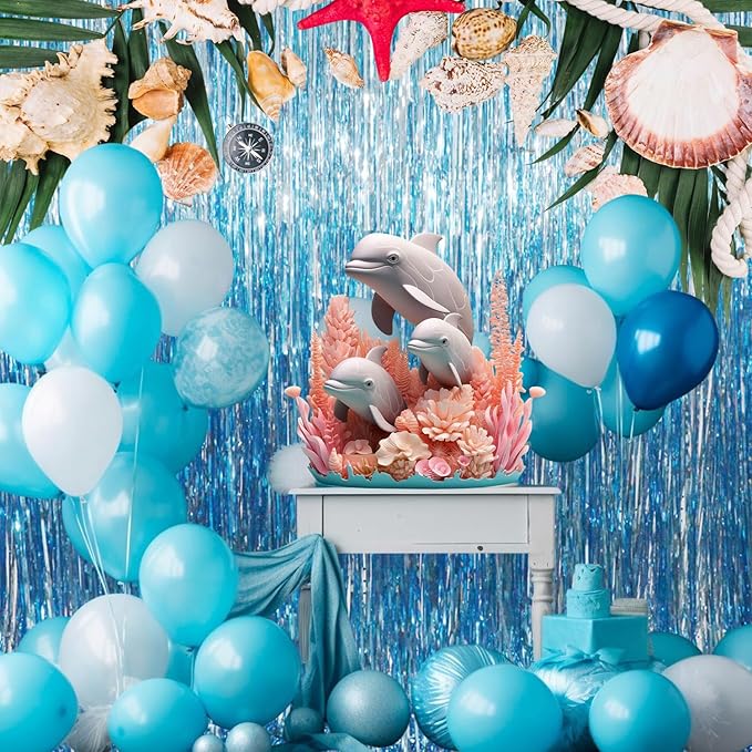 GOER 3.2 ft x 8.2 ft Metallic Tinsel Foil Fringe Curtains Party Photo Backdrop Party Streamers for Birthday,Graduation,New Year Eve Decorations Wedding Decor (Light Blue,3 pcs)