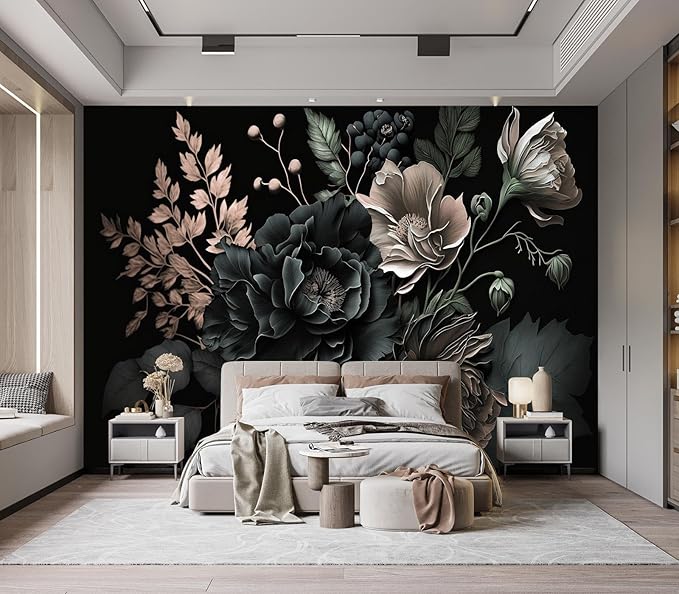 Eierme-Black Background with Flowers and Leaves Mural Wallpaper Peel and Stick 160" x 114"