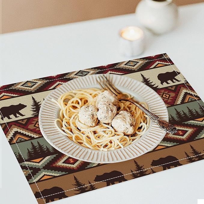 Rustic Lodge Bear Placemats Set of 4, Vintage Cabin Pine Cone Plaid Place Mats, Heat Resistant Non Slip Cotton Linen Dining Table Mats for Home Kitchen Party 18x12 Inch