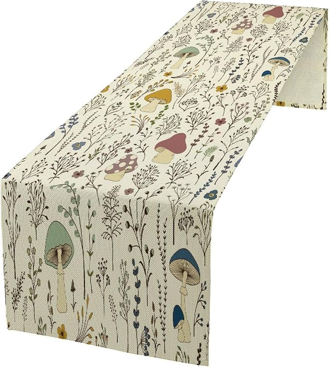Mushroom Table Runner,Colorful Wild Plants and Fungus Botanical Plants Pattern Print Burlap for Hotel Indoors Outdoor Dining Room Kitchen Holiday Party, 13x70in