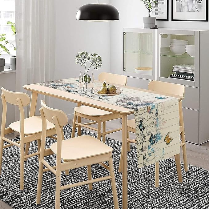 Nature Dandelion Table Runner,Rustic Floral Wood Plank Butterfly Girl Women Pattern Print Burlap Tablecloth for Hotel Indoors Outdoor Dining Room Kitchen Table Decor, 13x36in