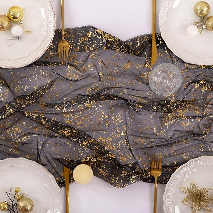 Socomi Gold Black Table Runner Christmas Gauze Sheer Chiffon Cheesecloth Sequin 10FT Glitter Metallic Foil Dining Wedding Birthday Party Fall Winter Anniversary Holiday Centerpiece Table Decor Black