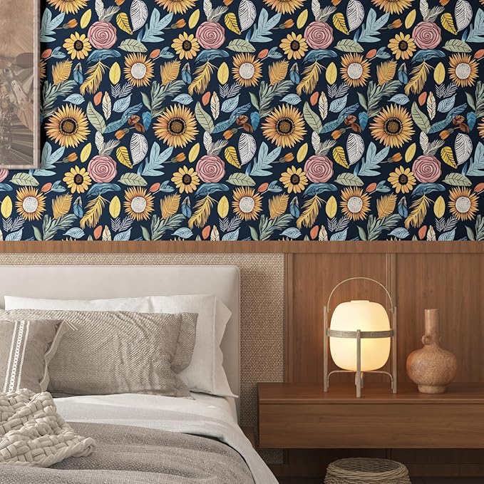Blue Wallpaper Peel and Stick,Vintage Boho Floral Contact Paper, 17.5" x 393.7" Retro Paisley Flower Botanical Wall Paper Self Adhesive Removable Waterproof for Bathroom Shelves Cabinet Table Decor