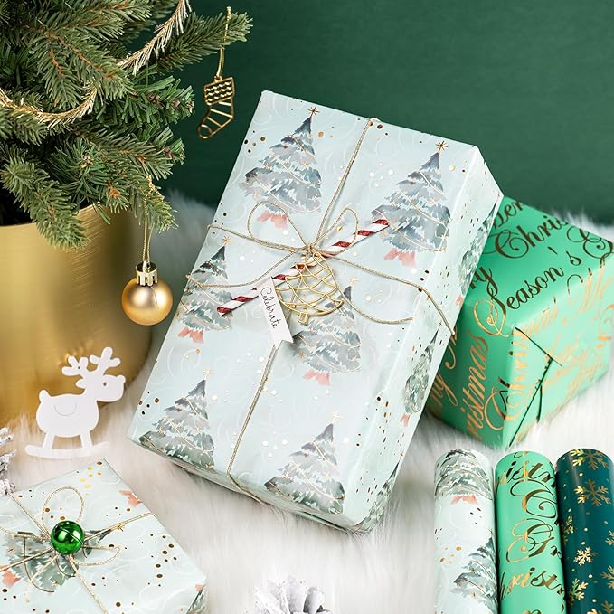 WRAPAHOLIC Christmas Wrapping Paper - 3 Rolls, 17 Inch X 120 Inch Each - Green Foil Christmas Tree, Snowflake Designs with Metallic Shine - Perfect for Christmas, Holiday