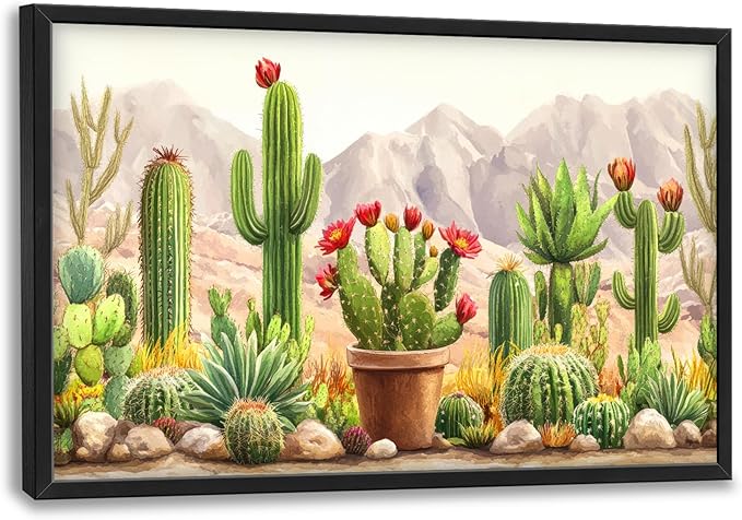 Western Cactus Succulents Large Decor Wall Art Framed Pictures for Living Room, Desert Landscape Oversized Canvas Print Painting Modern Extra Large Framed Artwork for Bedroom Office 36"x24"