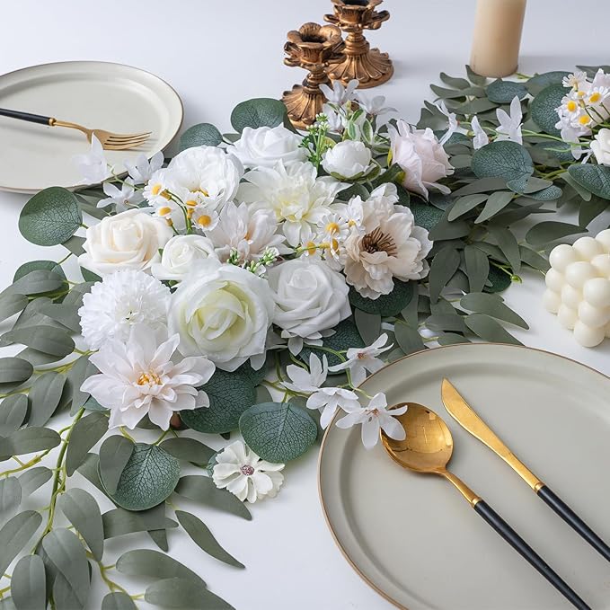 Artificial Arch Flowers Swag Set of 2 for Wedding Welcome Sign Floral Decoration and Reception Backdrop Decoration(Champagne White)