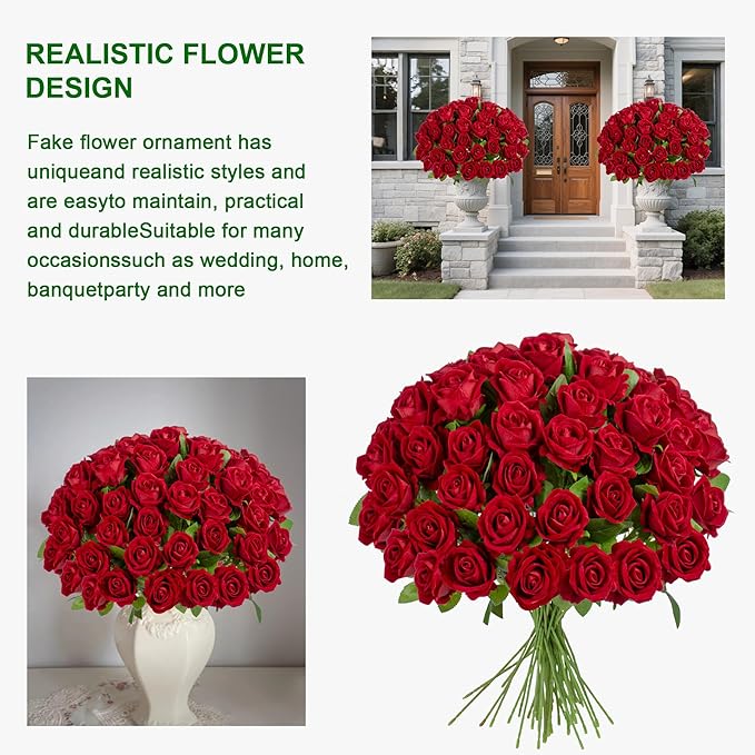 Fake Plants Roses Flowers Plastic Flowers Spring Decorations for Home Gifts for Gf Roses Artificial Flowers for Vase Fake Flowers Home Decor Fake Plant 19.6"(Red 100PCS)