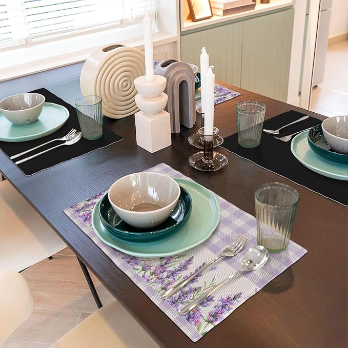 Flowers Leaves Spring Placemats Set of 4,Purple Plaid Background Flower Seasonal Table Mats for Party Kitchen Dining Decoration 6 PCS