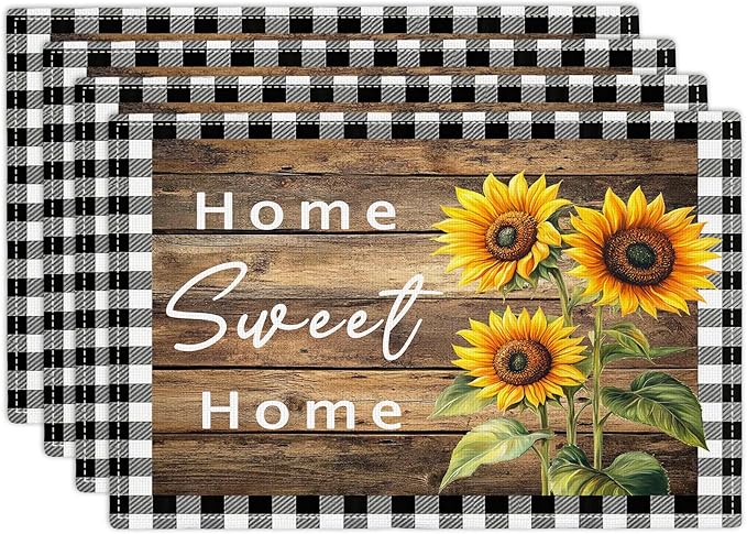 Farmhouse Sunflower Placemats Set of 4, Home Sweet Home Place Mats, Rustic Dining Table Mats, Washable Placemats for Kitchen Dining Room Home Decor 18L'' × 12W''