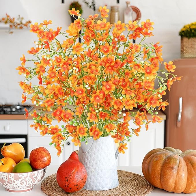 8PCS Fake Fall Flowers Real Touch Silk Flowers,Orange Artificial Flowers for Decorations, Babys Breath Artificial Flowers Bulk for Halloween Thanksgiving Fall Decor (Orange, 8PCS)