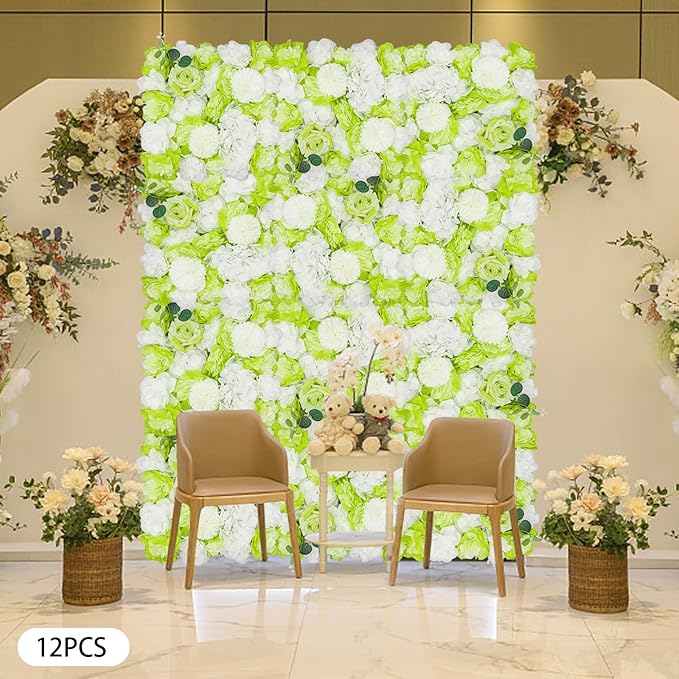 12Pcs Artificial Flower Wall Panel,3D 15" X 15" Silk Rose Mat Artificial Flower Wall,Decorative Backdrop Flower Panels Wall for Wedding Party Stage Baby Shower Decor (Green, White)