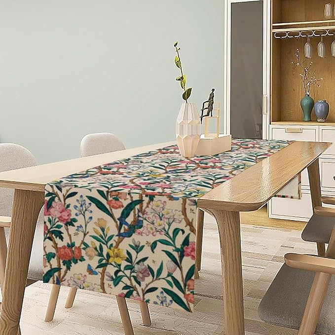 William Morris Vintage Floral Table Runner, Birds Butterflies and Bees Botanical Flower Original Design Print Table Runner for Home Party Dining Room Kitchen Decor 13x70 Inch
