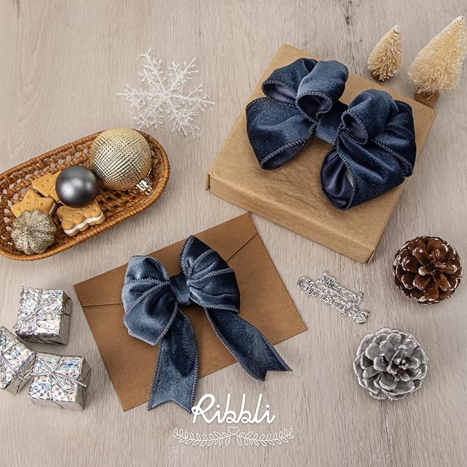 Ribbli Dusty Blue Velvet Wired Ribbon 2.5 Inch Velvet with Satin Christmas Ribbon for Gift Wrapping Christmas Tree Decoration Crafts Wreaths Supplies-Continuous 10 Yards
