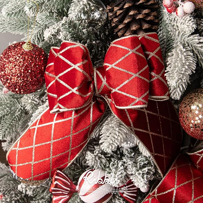 Ribbli Red Velvet Ribbon Wired with Glitter Diamond Grid 4 Inch Christmas Ribbon for Christmas Tree Decoration Big Bow Gift Wrapping Crafts Wreaths Garland Supplies - 10 Yards