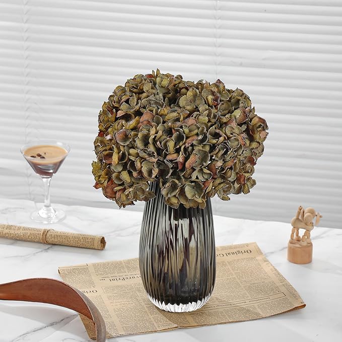 Fall Artificial Dried Hydrangea Flowers, Vintage Green Dried Look, Fall Faux Flowers, Single Stem (Autumn Green, 4pcs)