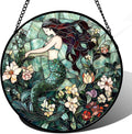 Stained Glass Window Hanging - Teal Sleeping Mermaid Suncatcher for Door Terrace Garden Home Decor, Sea of Flowers Sun Catcher Birthday Gifts for Lovers Women Men Dad Mom Nana 9.8 in