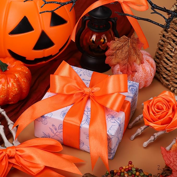 Orange Ribbon 1 Inch 50 Yards Halloween Satin Ribbon for Fall Decor Hair Bows Handmade Roses Crafts Gift Wrapping Party Christmas Decorations