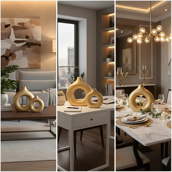 Modern Donut-Shaped Decorative Vases, Handmade Minimalist Boho ins Style, Modern Vase for Home Decor for Wedding Dinner Table Party Living Room Office Bedroom (Gold, Extra Large + Large)