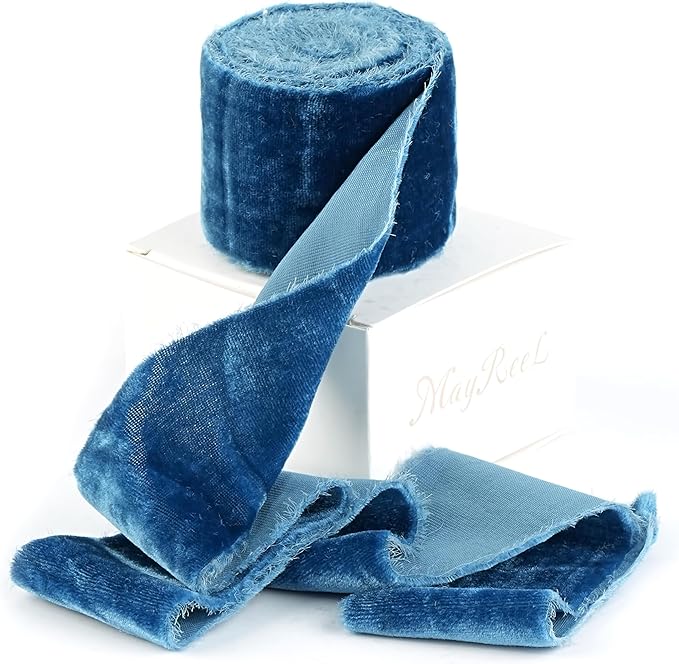 MAYREEL 2 Inch Blue Velvet Ribbon Hand Torn Navy Blue Silk Frayed Edge for Bridal Bouquets Invitations Wedding Vow Books Gift Baskets Hair Bows 3 Yards
