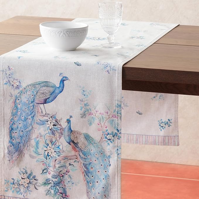 Maison d' Hermine Tablerunners 100% Combed Cotton Premium Table Runner Decorative Table Cover, Home, Kitchen, Parties & Camping, Peacock Utopia, Double Layer - (14.50"x72")