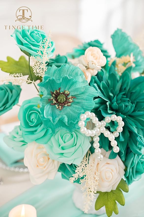 TINGE TIME Artificial Flowers Combo Mix Silk Flowers Teal Green Roses w/stem for DIY Wedding Bridal Bouquets Baby Shower Floral Arrangement Table Centerpieces Home Decorations (Deep Teal Green)
