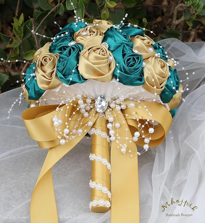 Bridal Wedding Bouquet Round Bling Brooch Bouquet Throw Toss Artificial Rose Flower Bunch for Bride Bridesmaid Wedding Quinceanera(Dark Green & Gold, 9.8")