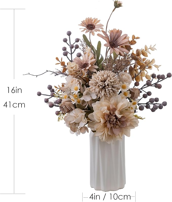 16-inch Artificial Fake Flowers Bouquet with Vase, Silk Table Arrangements Faux Plastic Floral Centerpieces for Home with Roses, Dandelions, Daisies, Hydrangea, Eucalyptus and Hollyberries