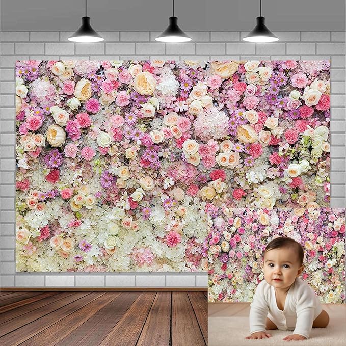 10x10ft Pink Rose Floral Flower Wall Backdrop Girls Wedding Birthday Bridal Shower Kids Portrait Background Photoshoot Cake Table Tea Party Photoshoot Decorations Photo Studio Props